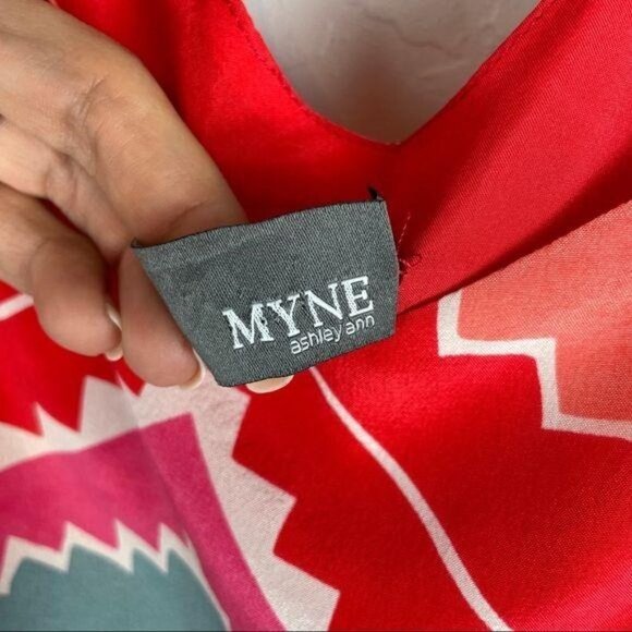Myne 100% Silk Aztec Printed Mini Sheath Dress in Pink Red Women's Size Small - Picture 11 of 15